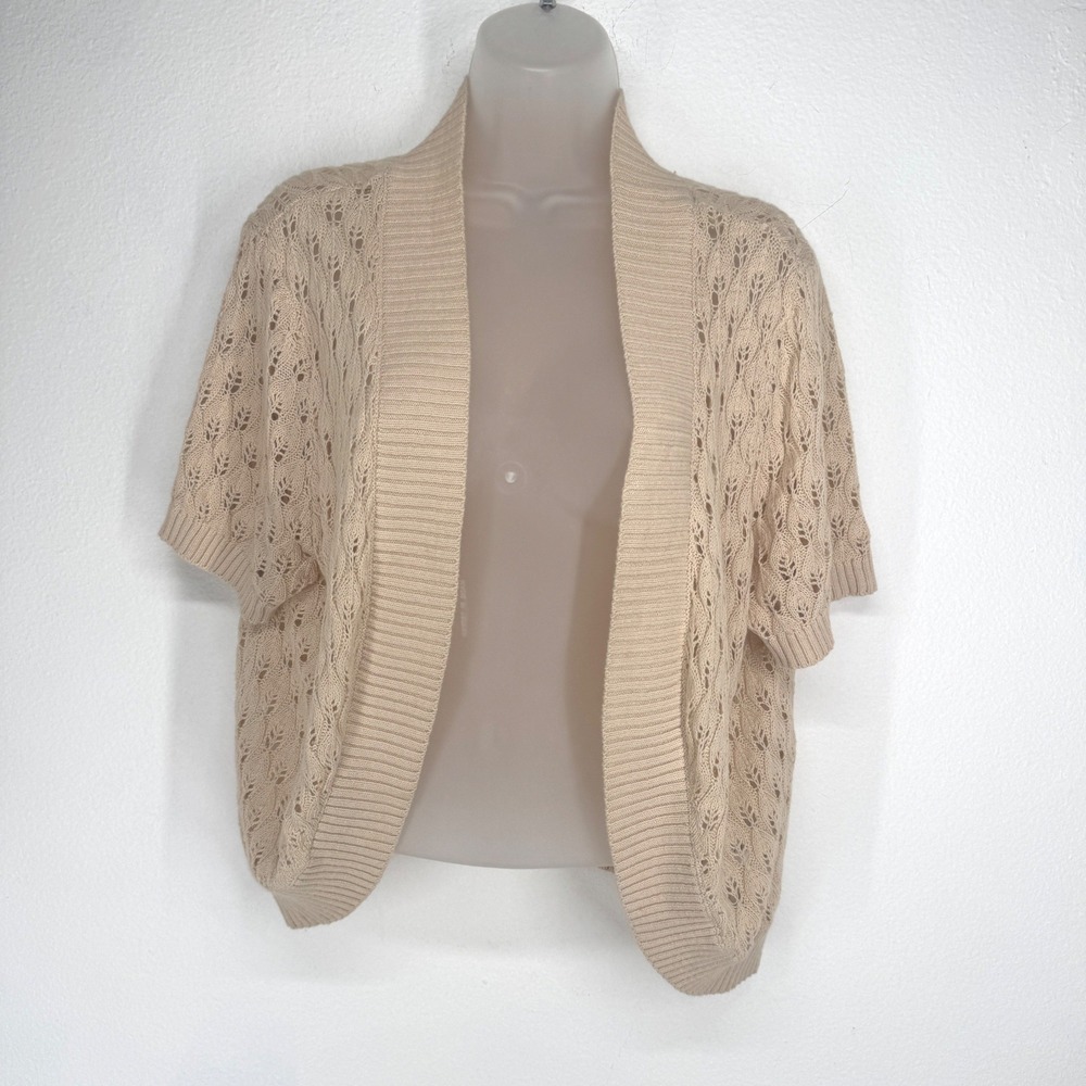 Women Tan 100% Cotton Pointelle Short Sleeve Bolero Shrug Cardigan Size L Boho